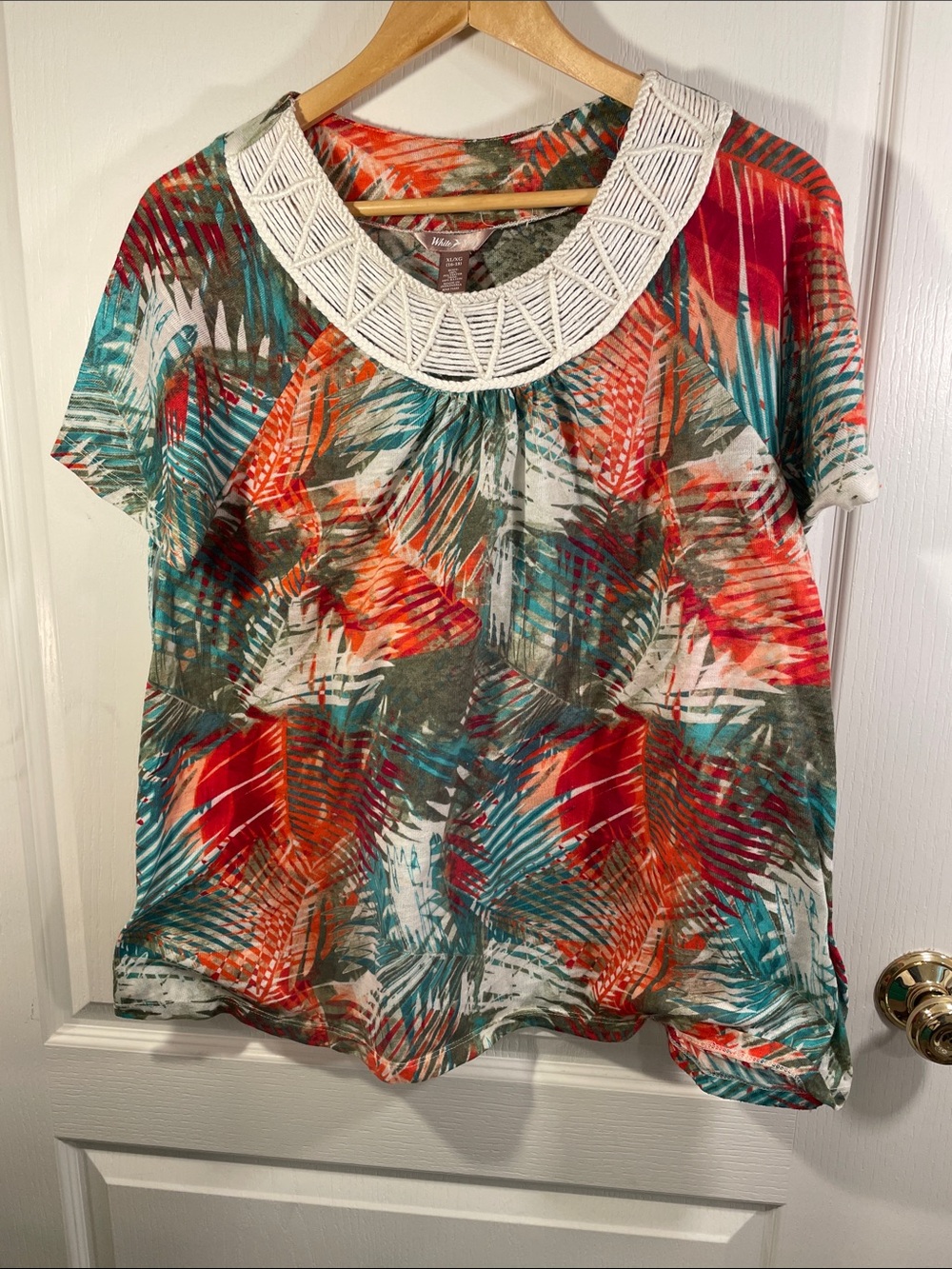 White Stag Multicolor Tropical Print Short Sleeve Top with Crochet Collar